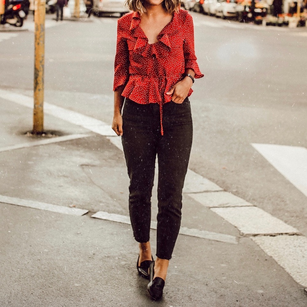 Topshop Red Polka Dot Ruffle Blouse